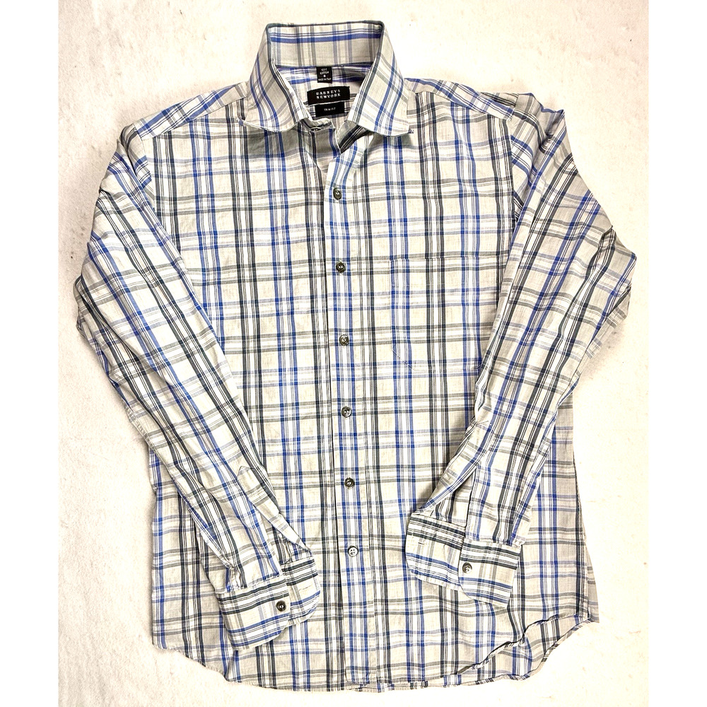 Barneys New York mens shirt small trim fit blue plaid Classic Designer Preppy